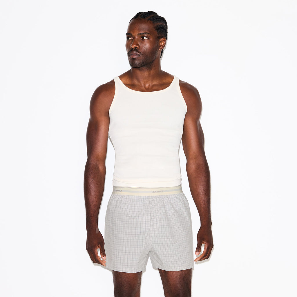COTTON POPLIN MENS LOGO BAND BOXER | SILVER CHECK