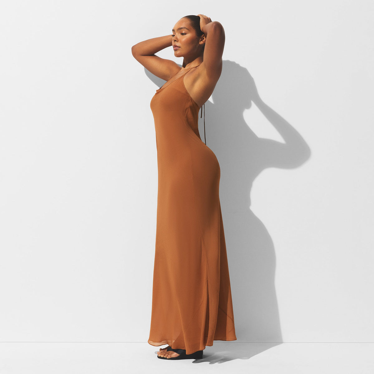 SHEER COVER-UPS LONG HALTER DRESS | CHESTNUT