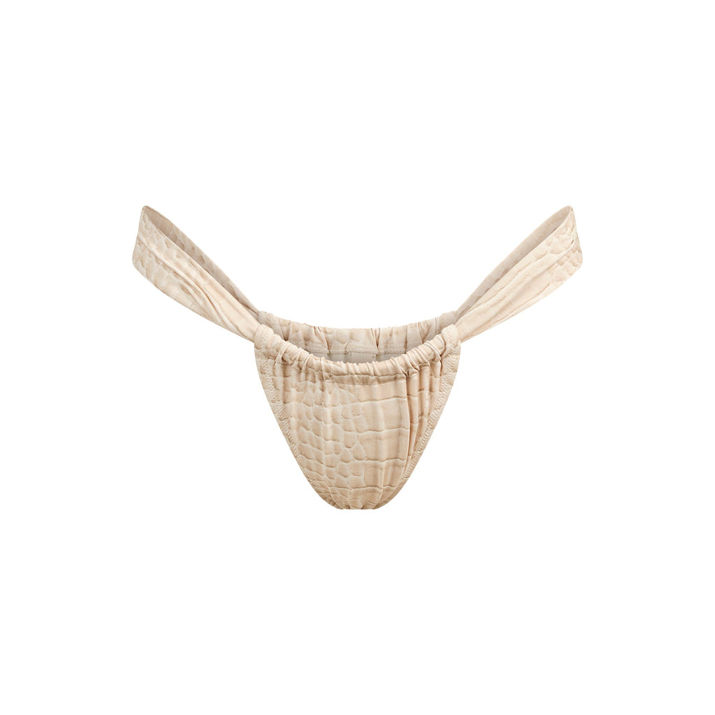 SIGNATURE SWIM RUCHED THONG BIKINI BOTTOM | EGRET CROCODILE PRINT